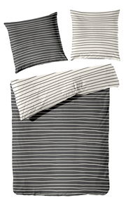 Bettwäsche-Set mit Streifenmuster in Schwarz und Weiß, bestehend aus einem Kissenbezug und einem Bettdeckenbezug, aus der Vogelperspektive fotografiert