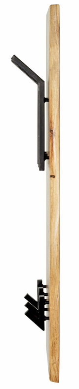Seitenansicht einer Wandgarderobe aus Holz mit schwarzen Metallhaken.
