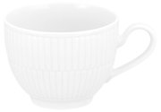 Weiße Kaffeetasse mit geriffeltem Muster, seitliche Perspektive