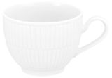 Weiße Kaffeetasse mit geriffeltem Muster, seitliche Perspektive