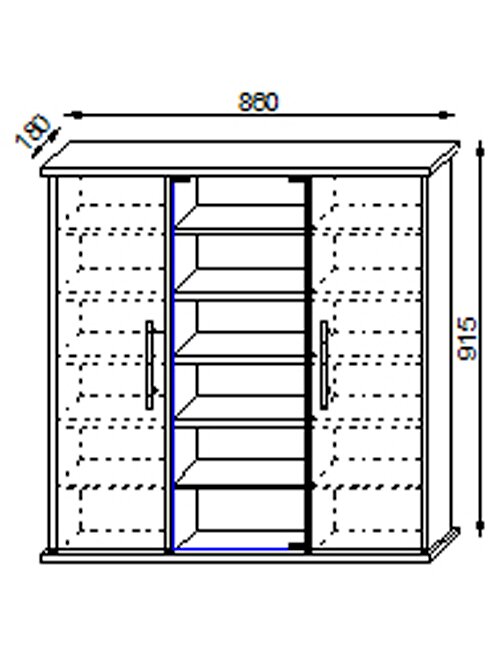 Technische Frontansicht eines zweitürigen Schranks/Sideboards mit Mittelregal und Maßangaben (ca. 880 mm Breite, 915 mm Höhe, 180 mm Tiefe)