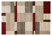 Moderner Teppich mit geometrischem Muster in Beige, Grau und Rot, Draufsicht