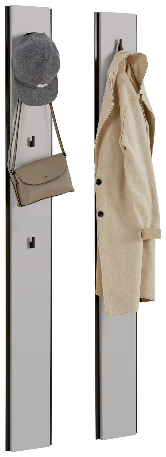 Voleo Garderobenpaneel-Set ZAYA Garderobenpaneel-Set mit zwei Paneelen, eines mit einer Mütze und Tasche, das andere mit einem Mantel, seitliche Perspektive