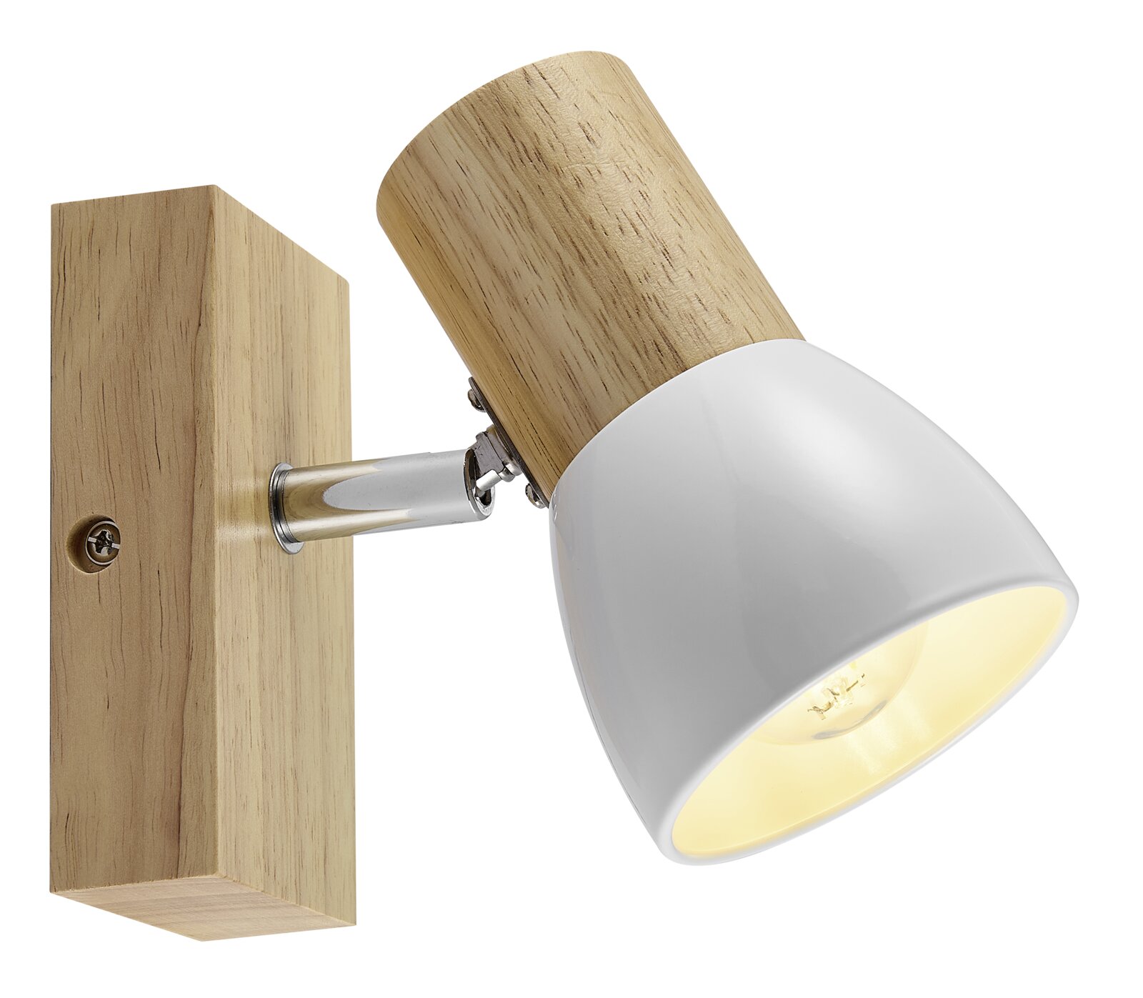 Moderner Strahler aus Holz und Metall, seitliche Perspektive