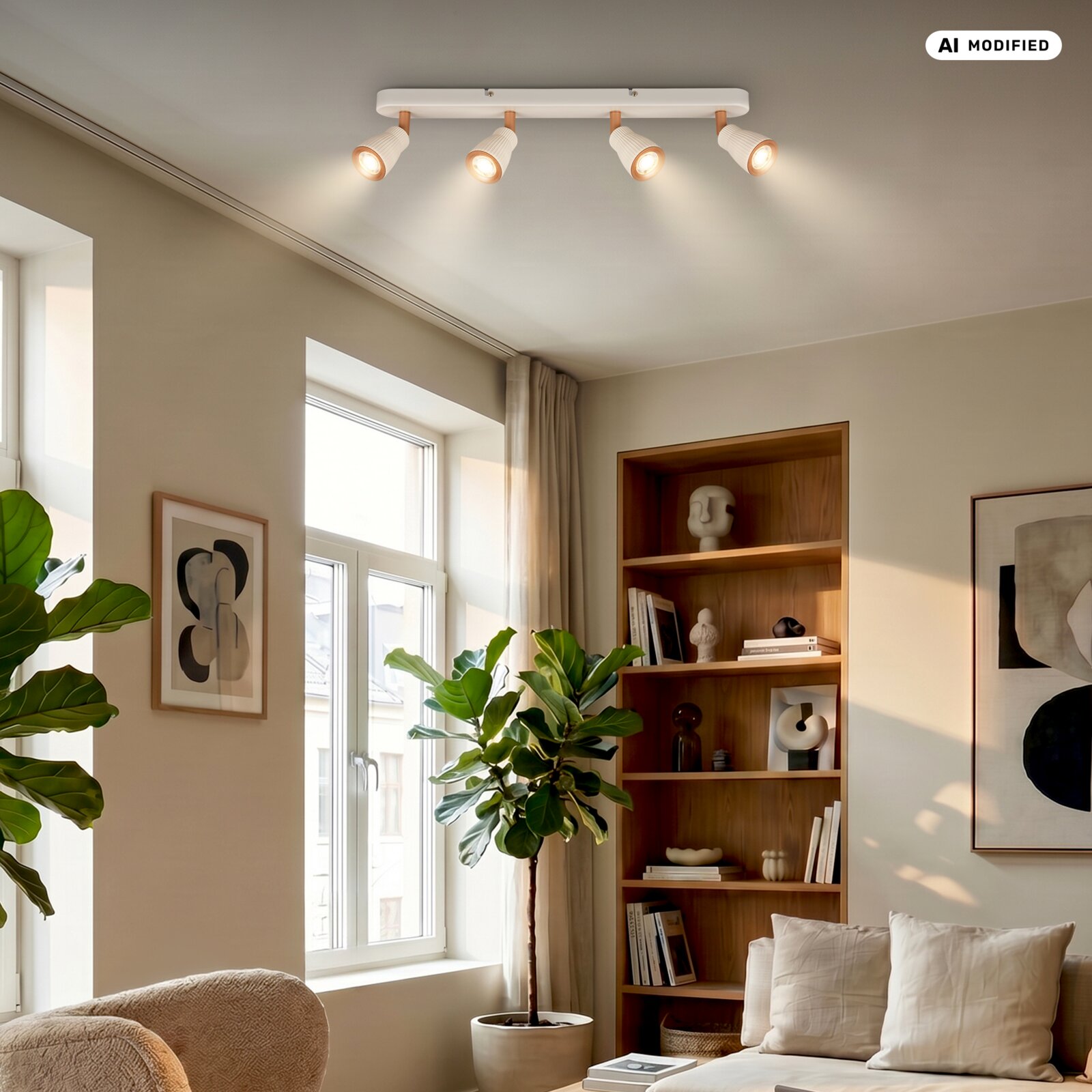 Moderne 4-flammige Decken-Spotleuchte in Weiß mit Holzoptik-Akzenten, eingeschaltet im Wohnzimmer montiert Perspektive: leicht von unten schräg nach oben auf die Decke