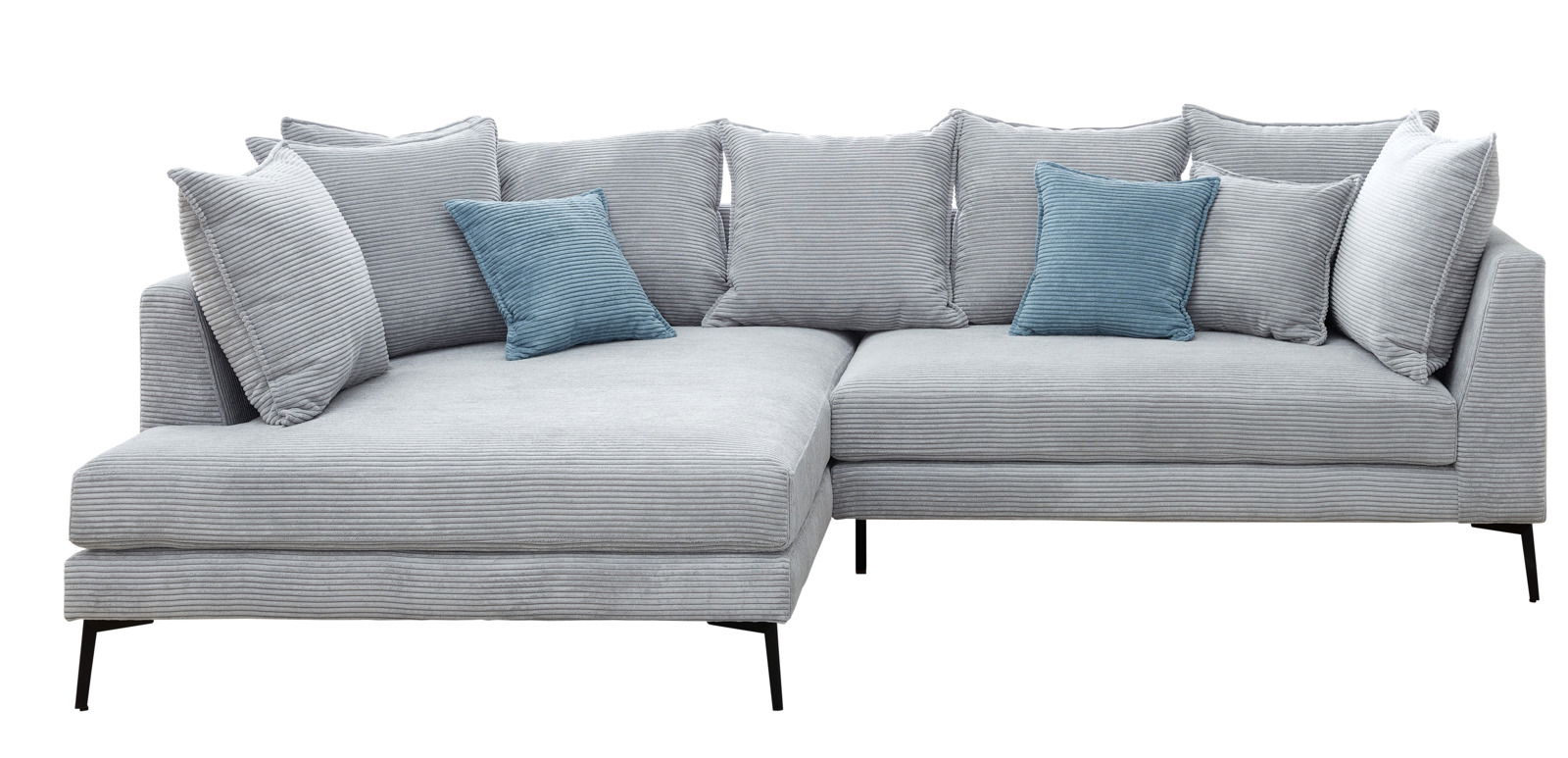 Graue Eckgarnitur mit blauen Kissen, Vorderansicht