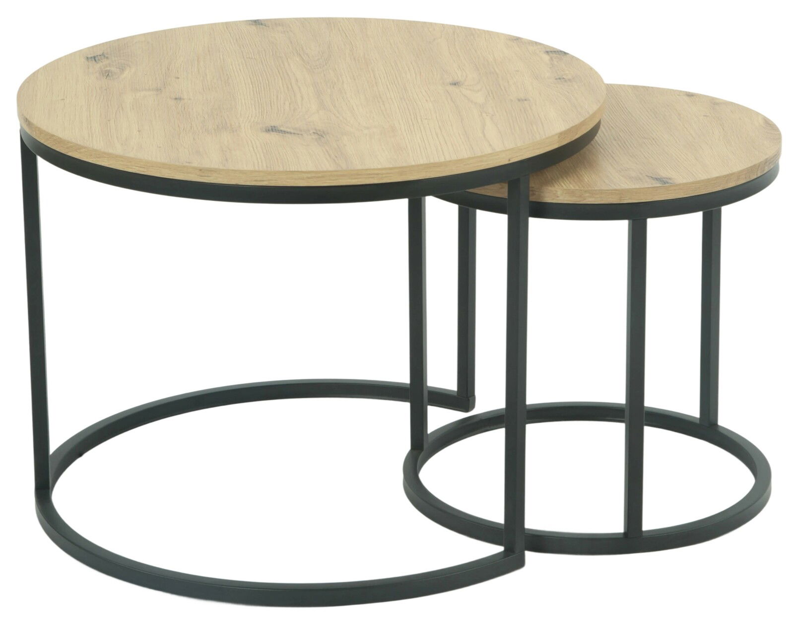 Zweier-Set Couchtische mit runden Holzplatten und schwarzen Metallgestellen, seitliche Perspektive