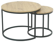 Zweier-Set Couchtische mit runden Holzplatten und schwarzen Metallgestellen, seitliche Perspektive