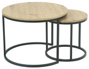 Zweier-Set Couchtische mit runden Holzplatten und schwarzen Metallgestellen, seitliche Perspektive