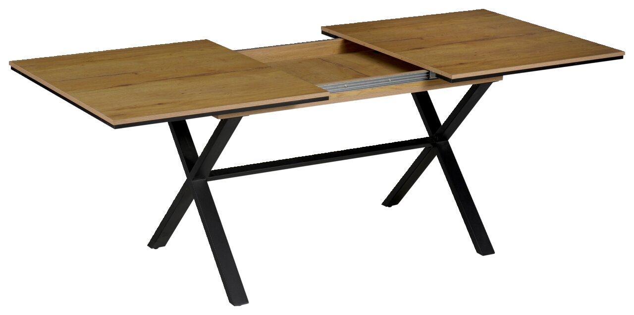 Moderne eettafel met uitschuifbaar houten blad en zwart metalen onderstel, zijaanzicht