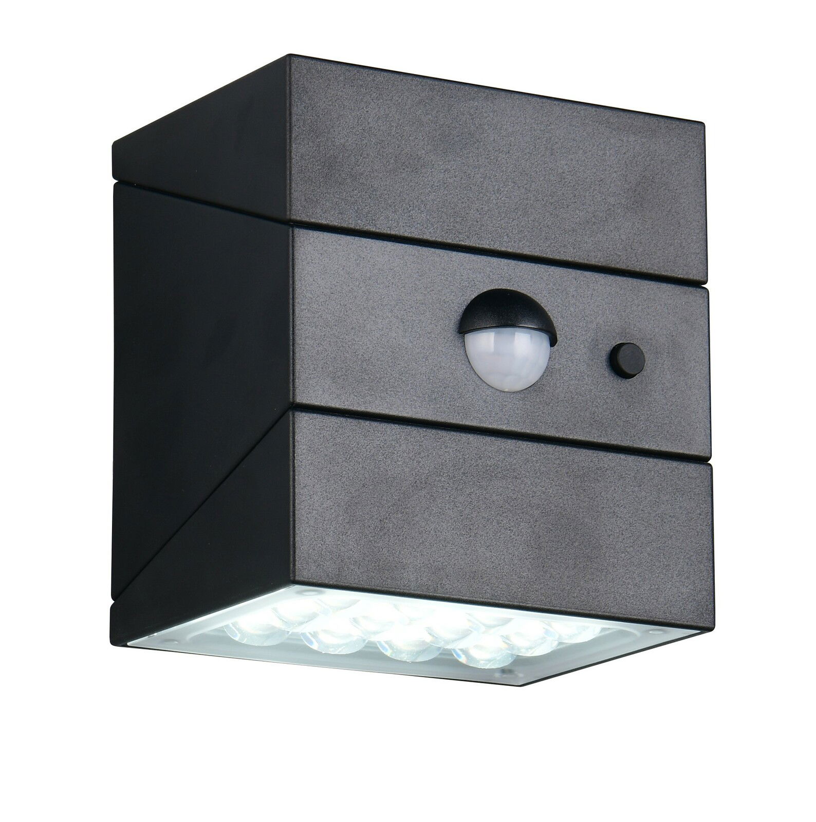 LED-Solar-Außenwandleuchte in schwarzem Gehäuse mit integriertem Bewegungsmelder, seitliche Perspektive