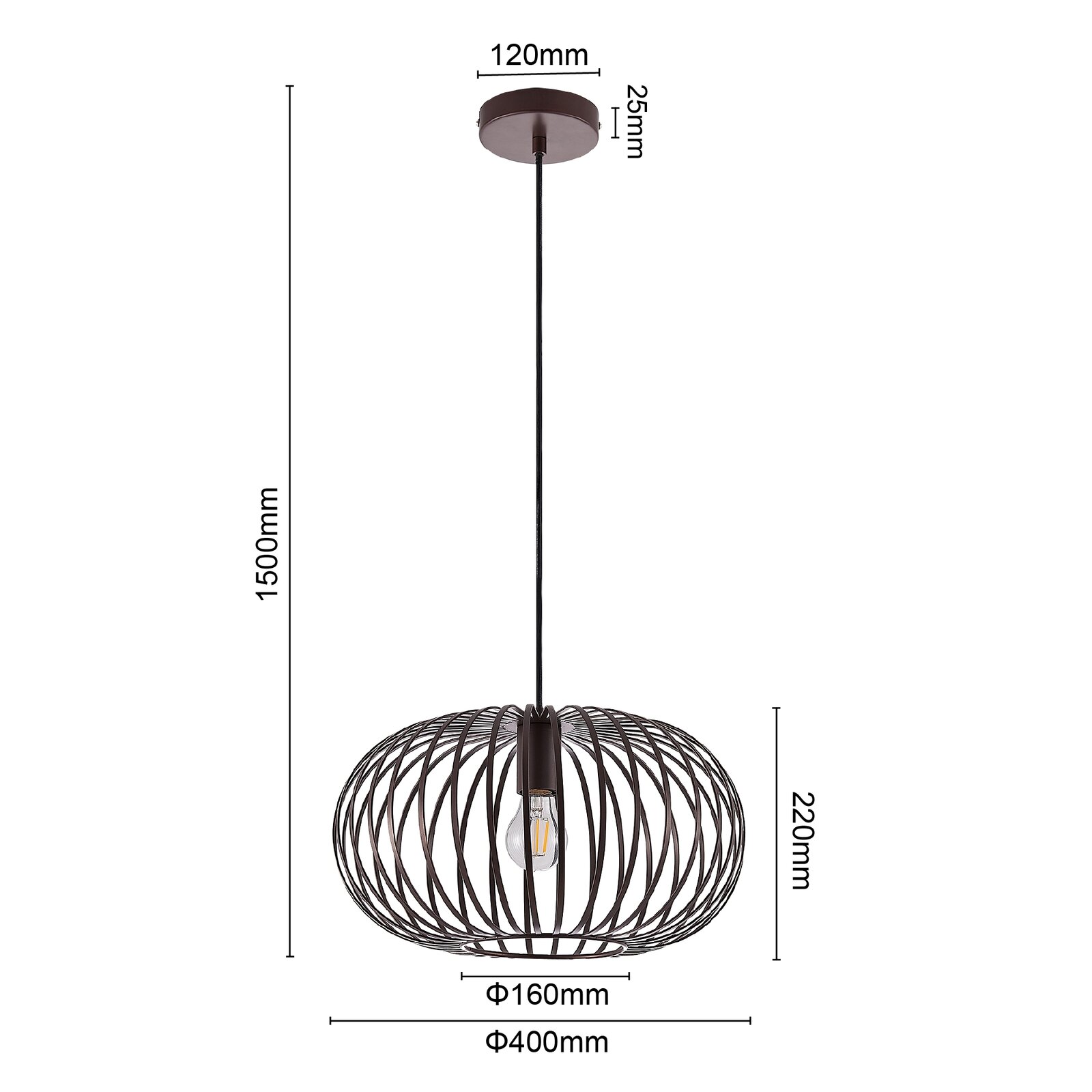 Moderne Hängeleuchte mit schwarzem, drahtigem Design, seitliche Perspektive