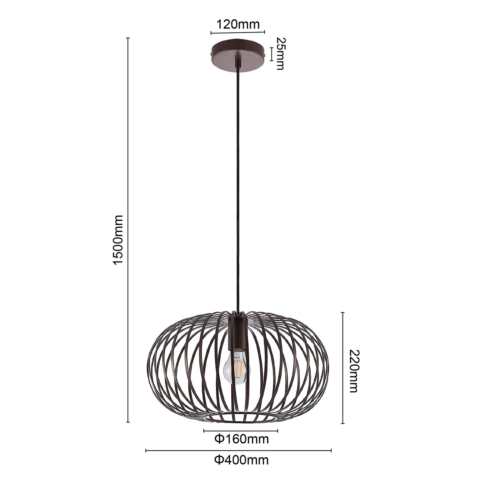 Moderne Hängeleuchte mit schwarzem, drahtigem Design, seitliche Perspektive