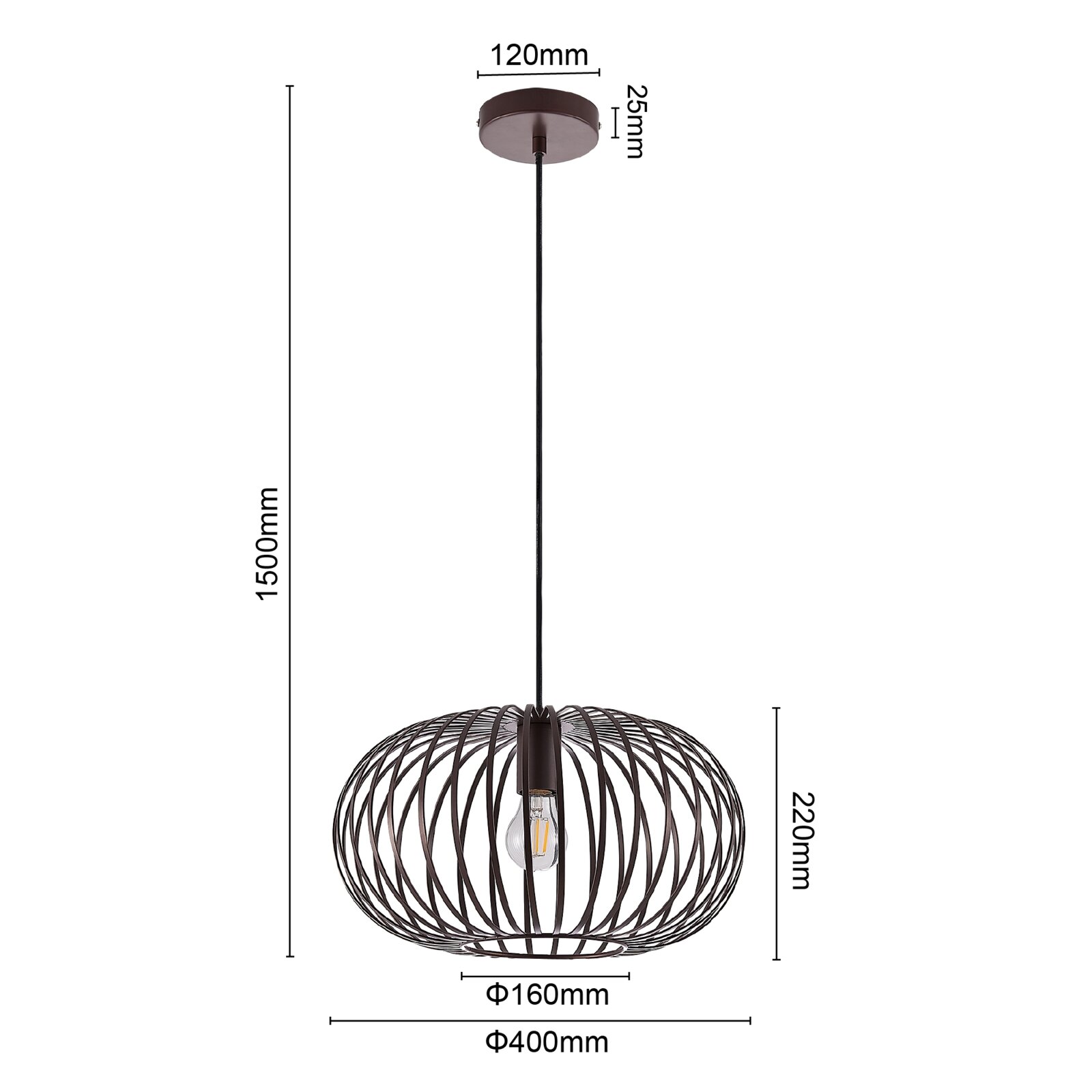 Moderne hanglamp met een zwart, draadachtig ontwerp, zijaanzicht
