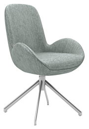 Moderner Armlehnstuhl mit grauem Stoffbezug und Metallgestell, seitliche Perspektive