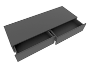 Graue Wandkonsole mit zwei offenen Schubladen, perspektivisch von oben betrachtet.