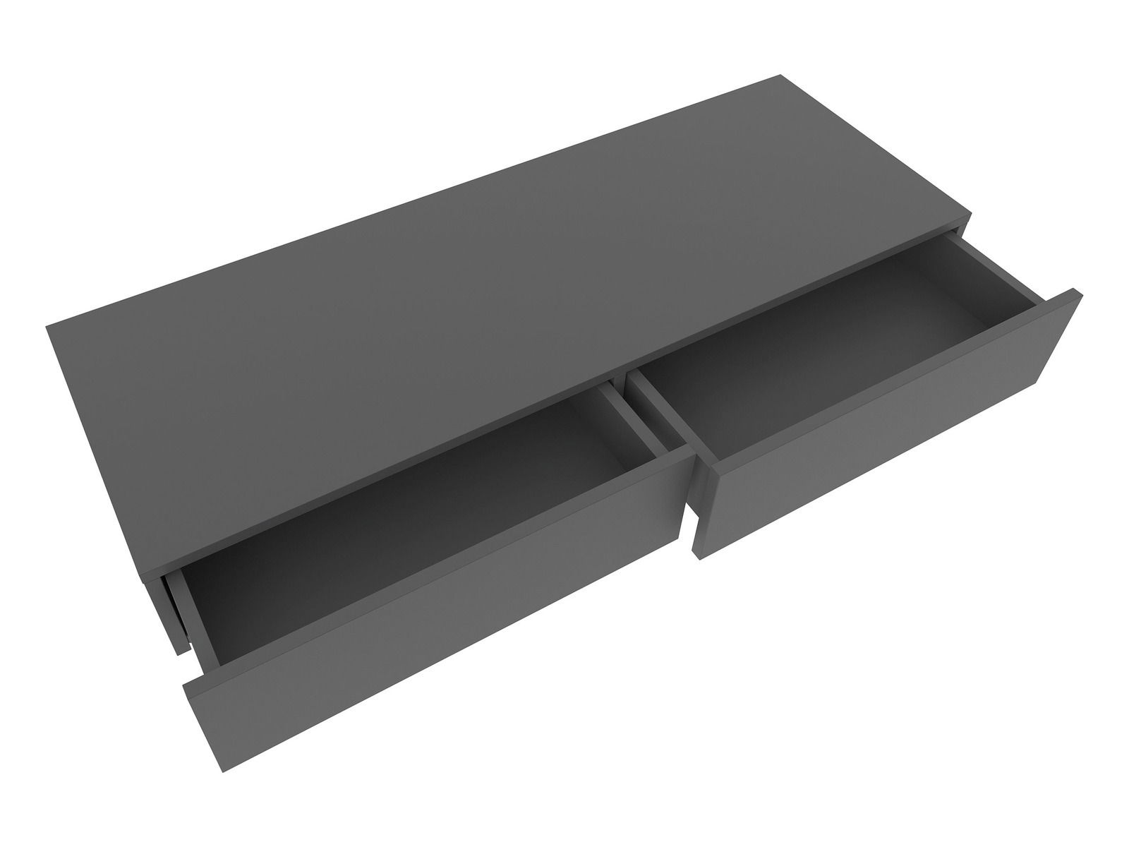 Graue Wandkonsole mit zwei offenen Schubladen, perspektivisch von oben betrachtet.