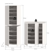 Weiße Schrankkombination aus Hochschrank und Sideboard mit geöffneten Türen und mehreren Einlegeböden, Maßangaben und Belastungsangaben (5 kg pro Boden, 20 kg oben) in frontaler Ansicht.