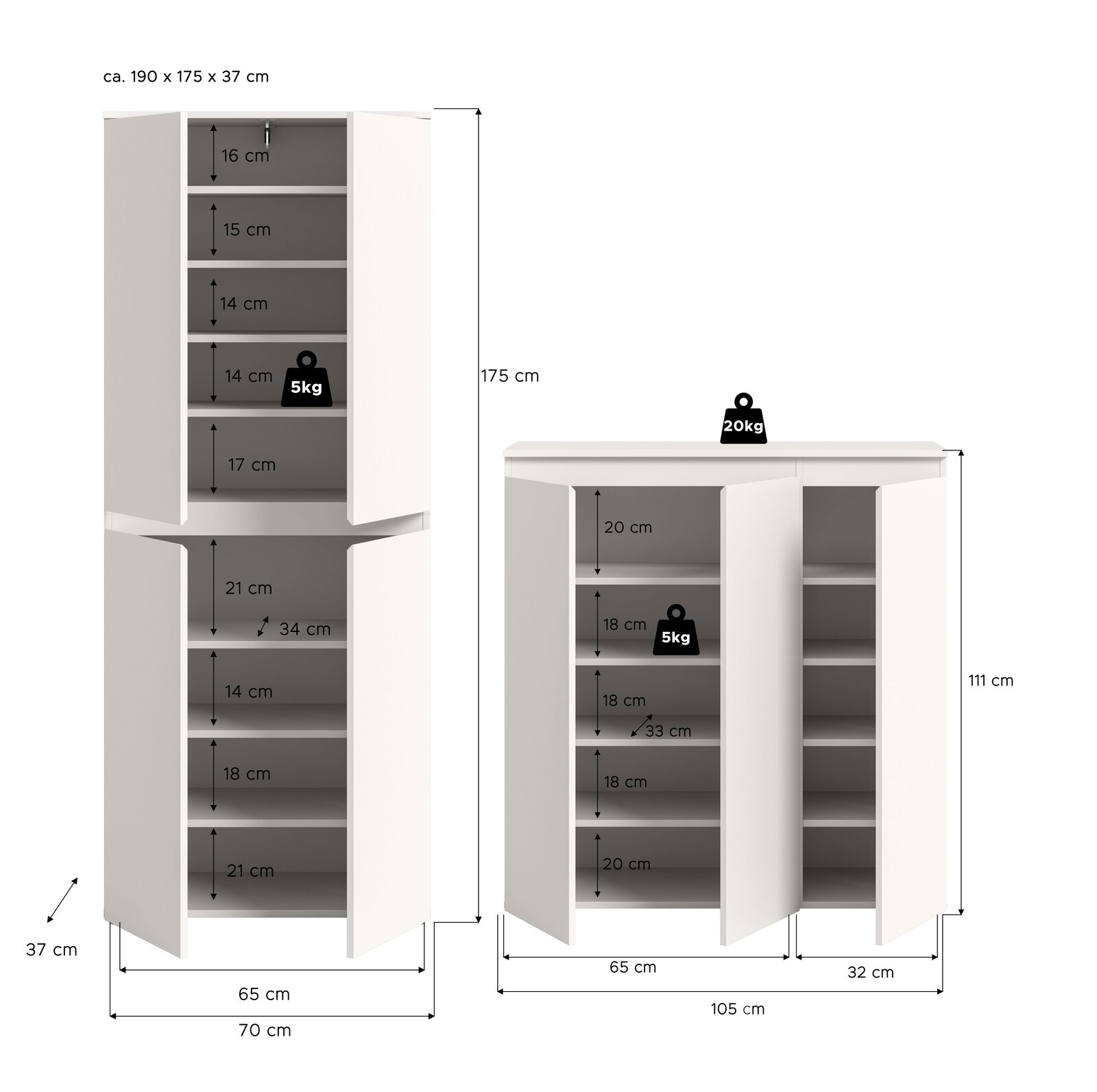 Weiße Schrankkombination aus Hochschrank und Sideboard mit geöffneten Türen und mehreren Einlegeböden, Maßangaben und Belastungsangaben (5 kg pro Boden, 20 kg oben) in frontaler Ansicht.