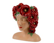 Keramik-Blumentopf in Form eines Frauenkopfes mit geschlossenen Augen, verziert mit roten Mohnblumen, seitliche Perspektive