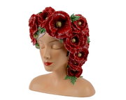 Keramik-Blumentopf in Form eines Frauenkopfes mit geschlossenen Augen, verziert mit roten Mohnblumen, seitliche Perspektive