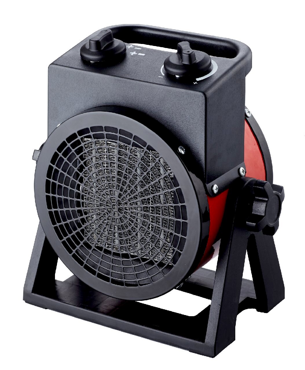 Keramik Heizlüfter in schräger Perspektive mit schwarzem Gehäuse und rotem Zylinder, zwei Drehknöpfen oben und einem stabilen Standfuß.