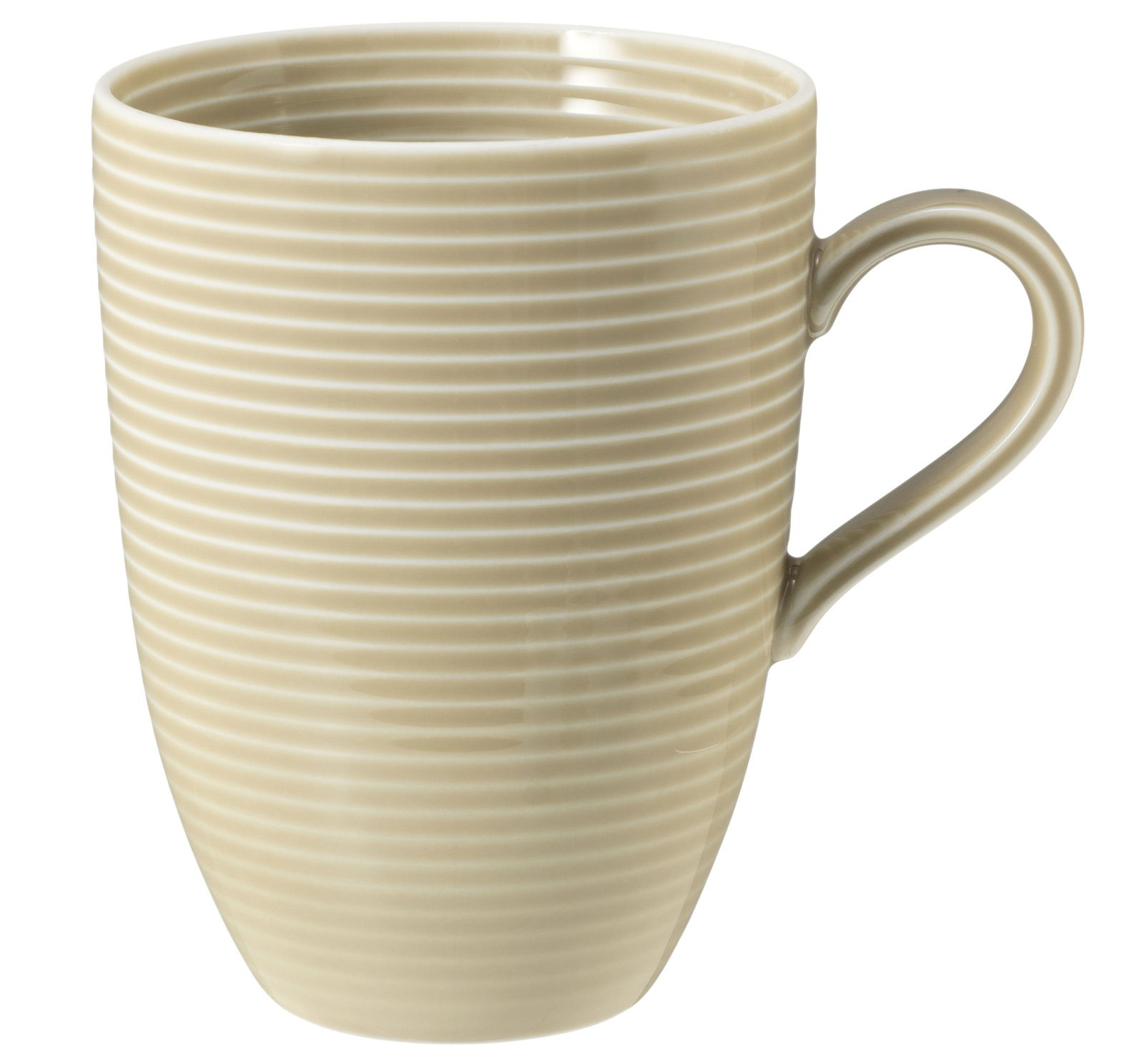 Becher mit Henkel, 0,35l, beige mit feinen horizontalen Streifen, seitliche Perspektive
