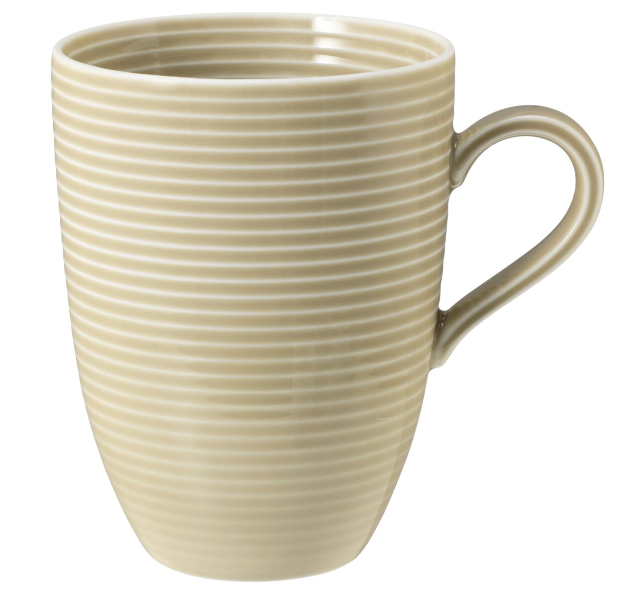 Becher mit Henkel, 0,35l, beige mit feinen horizontalen Streifen, seitliche Perspektive