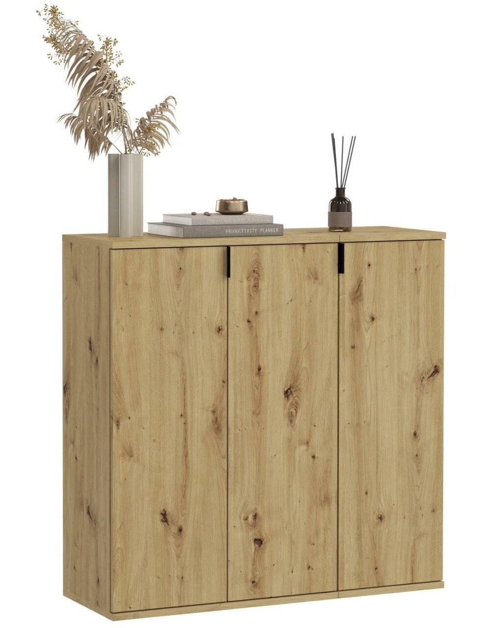 Garderobenkombination aus hellem Holz mit drei Türen, dekoriert mit einer Vase und Büchern, seitliche Perspektive