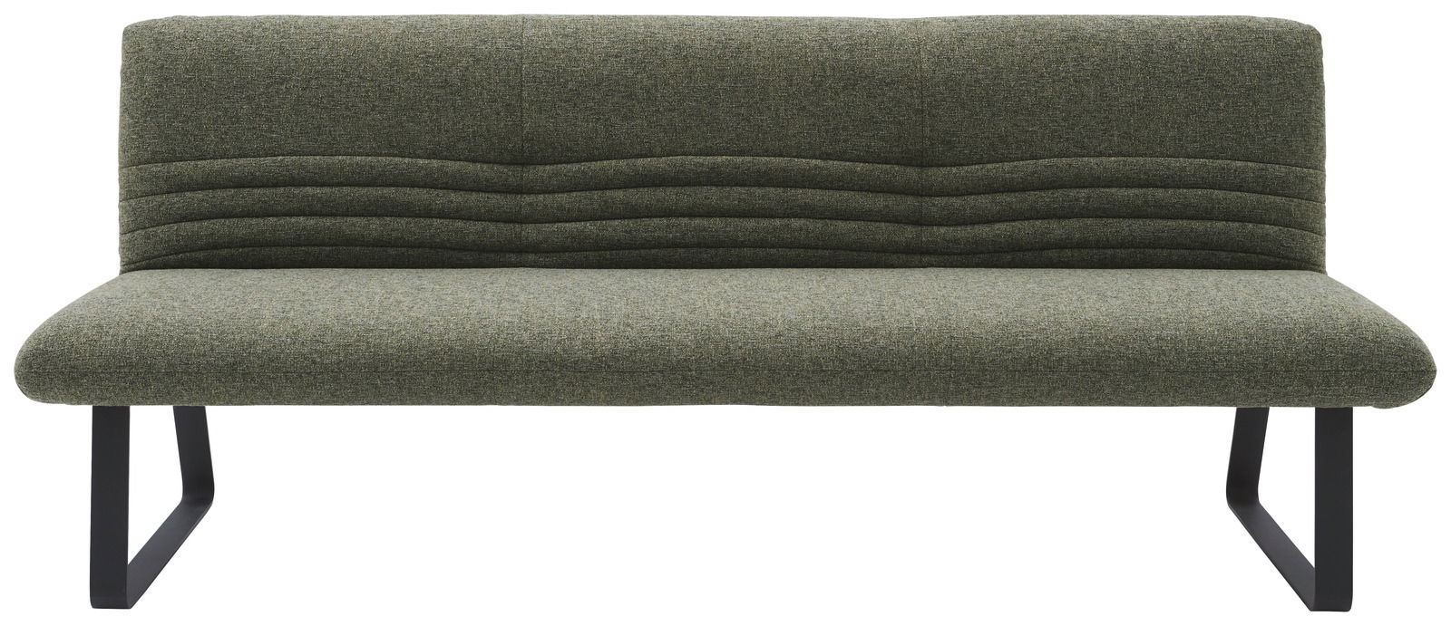 Grüne Sitzbank mit modernem Design und Metallbeinen, Frontalansicht