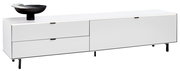 Weißes TV-Lowboard mit zwei Schubladen und einer Tür, seitliche Perspektive, dekoriert mit einer schwarzen Schale.