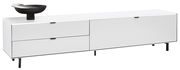 Weißes TV-Lowboard mit zwei Schubladen und einer Tür, seitliche Perspektive, dekoriert mit einer schwarzen Schale.
