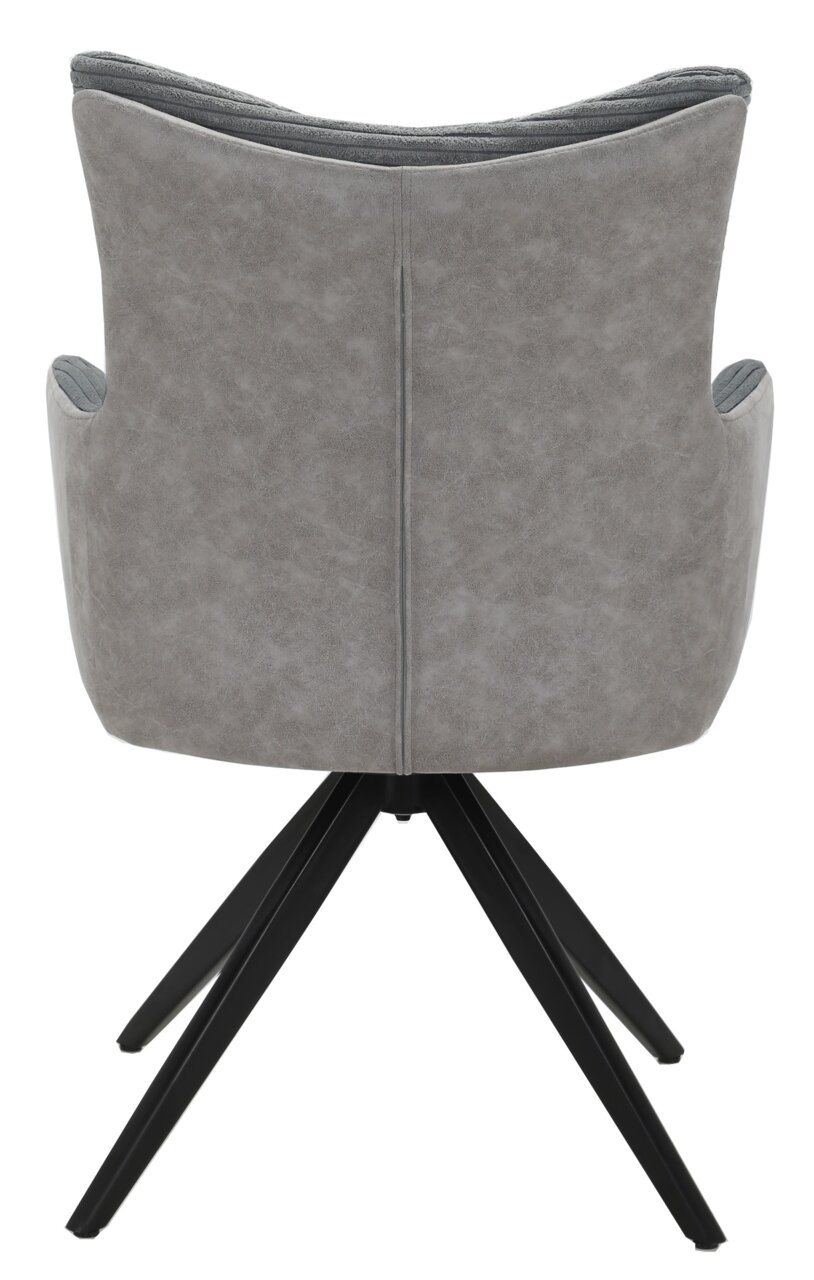 Rückansicht eines grauen Armlehnstuhls mit schwarzem Metallgestell.
