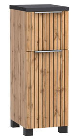 Moderner Unterschrank aus Holz mit vertikalen schwarzen Streifen und Metallgriffen, frontal betrachtet.