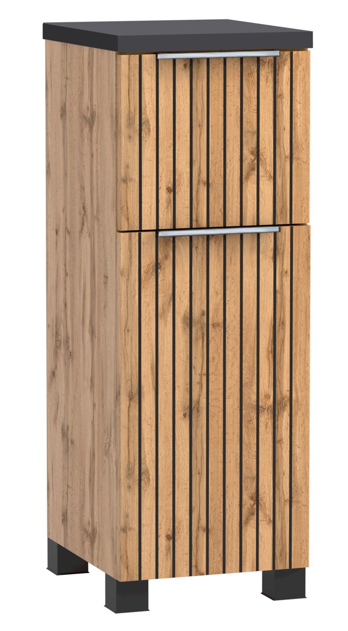 Moderner Unterschrank aus Holz mit vertikalen schwarzen Streifen und Metallgriffen, frontal betrachtet.