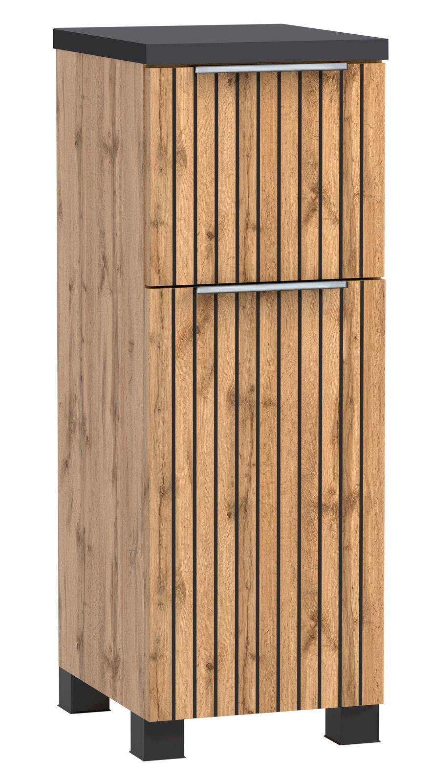 Moderner Unterschrank aus Holz mit vertikalen schwarzen Streifen und Metallgriffen, frontal betrachtet.