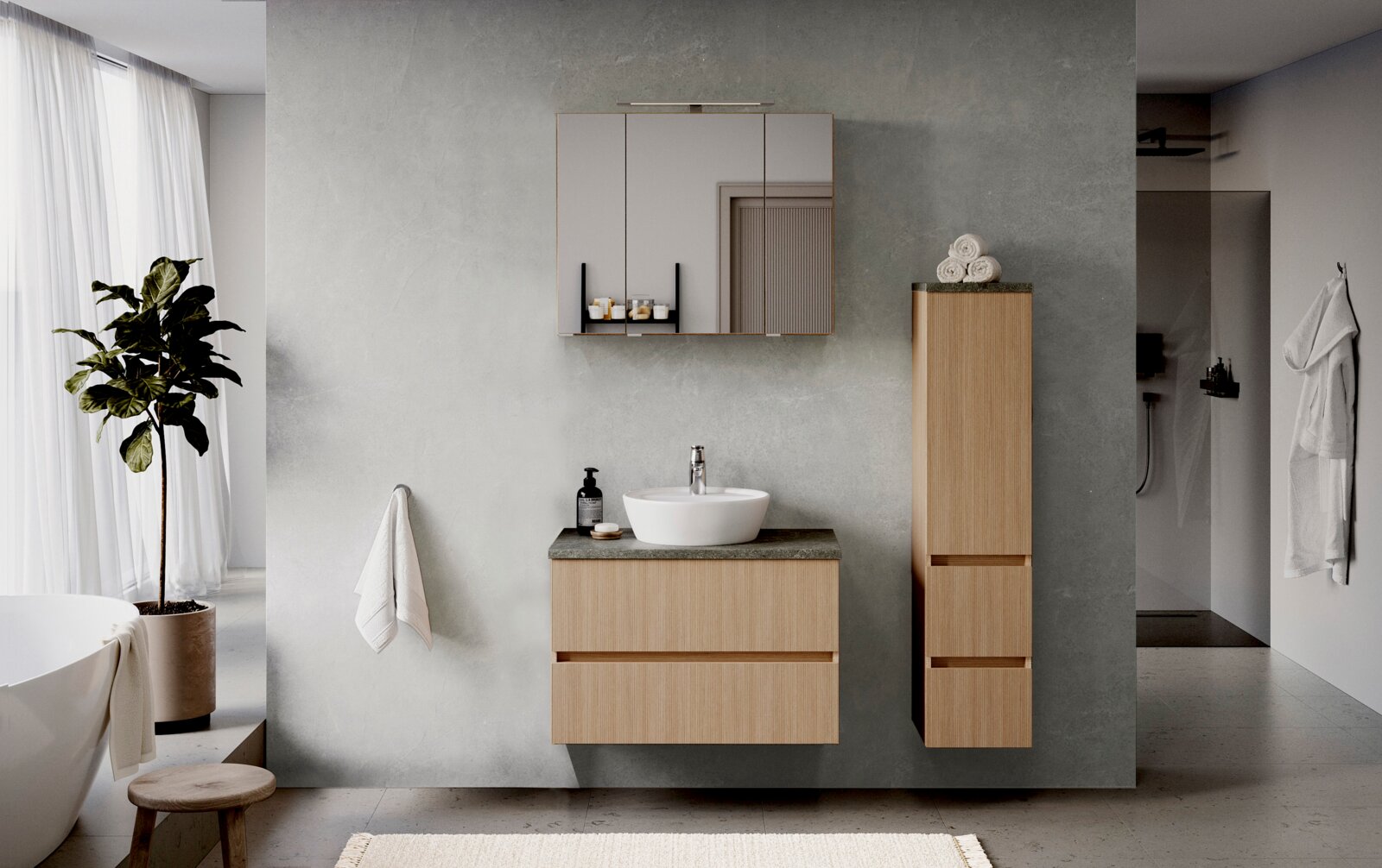 Modernes Waschtisch-Set in Holzoptik mit Spiegel und Stauraum, frontale Ansicht.