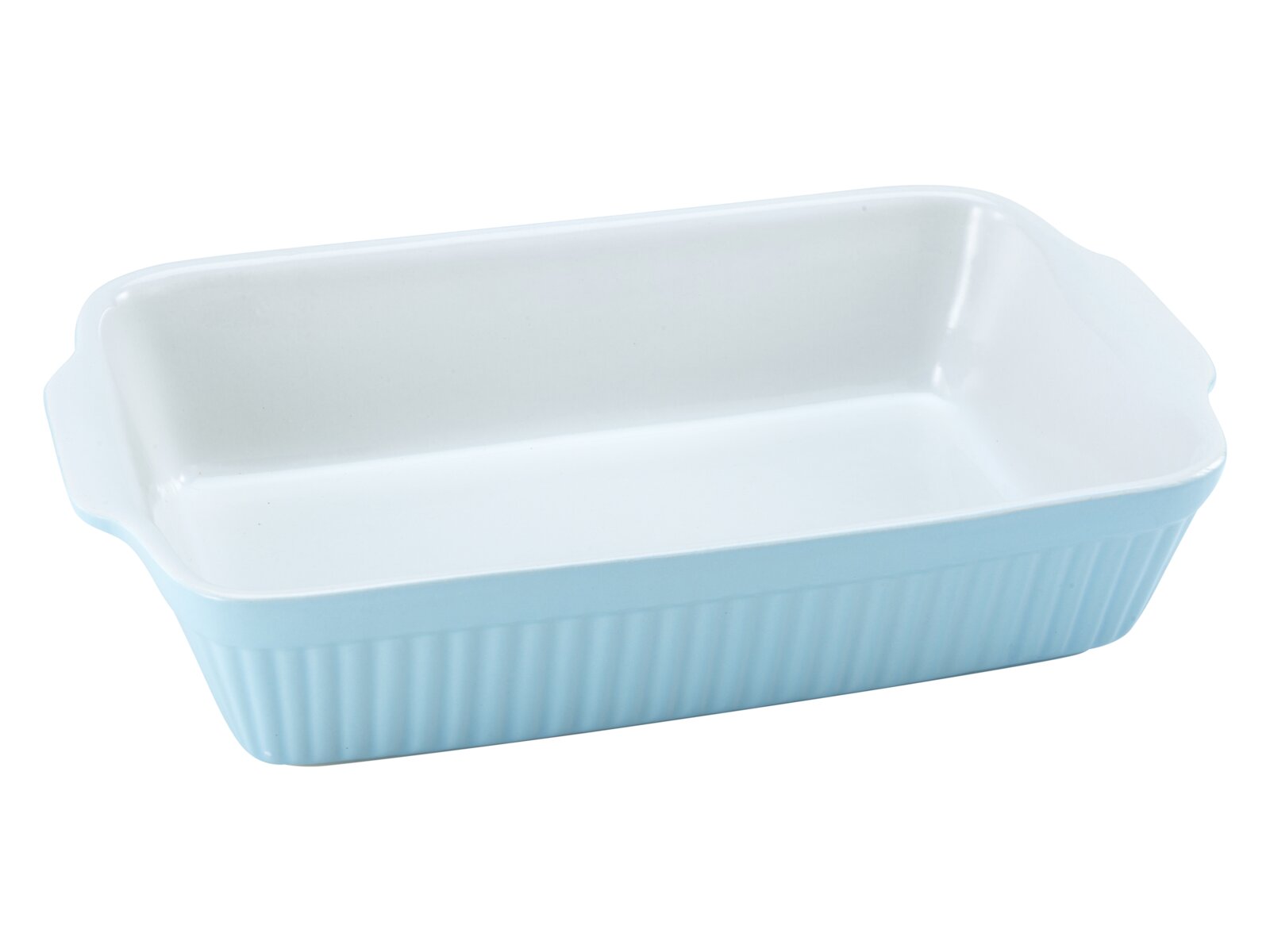 Creatable Auflaufform PASTELL KITCHEN Rechteckige Keramik-Auflaufform in Hellblau mit weißer Innenfläche und Griffmulden, perspektivische Ansicht schräg von oben