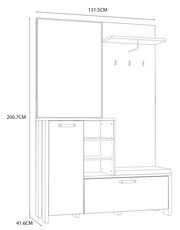 Skizze einer Garderobe mit Maßen 131,5 cm Breite, 200,7 cm Höhe und 41,6 cm Tiefe, mit Haken, Regalen und Sitzbank, Frontalansicht.