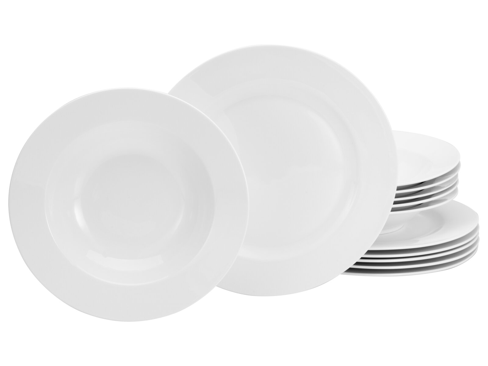 Creatable Tafelservice 12-tlg FLEUR ROYAL Weißes Teller-Set aus Porzellan mit flachen und tiefen Tellern, vorne zwei Teller schräg von oben in Frontansicht, rechts gestapelte Teller auf weißem Hintergrund