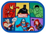 Lunchbox mit Marvel Avengers Design, zeigt Iron Man, Black Panther, Hulk, Thor, Captain America und Black Widow aus der Vogelperspektive.