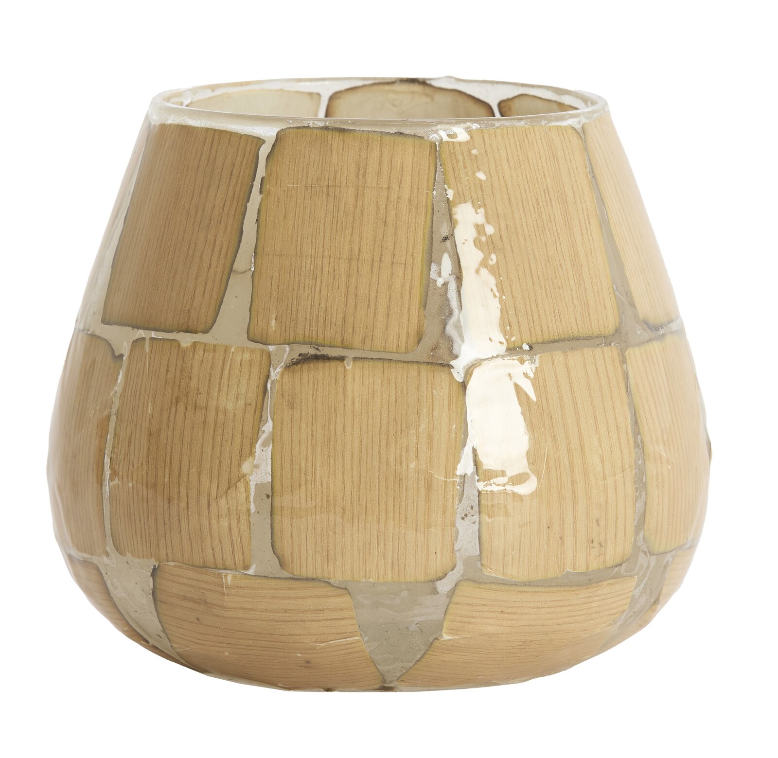 Teelichthalter aus Holz mit quadratischem Muster, seitliche Perspektive