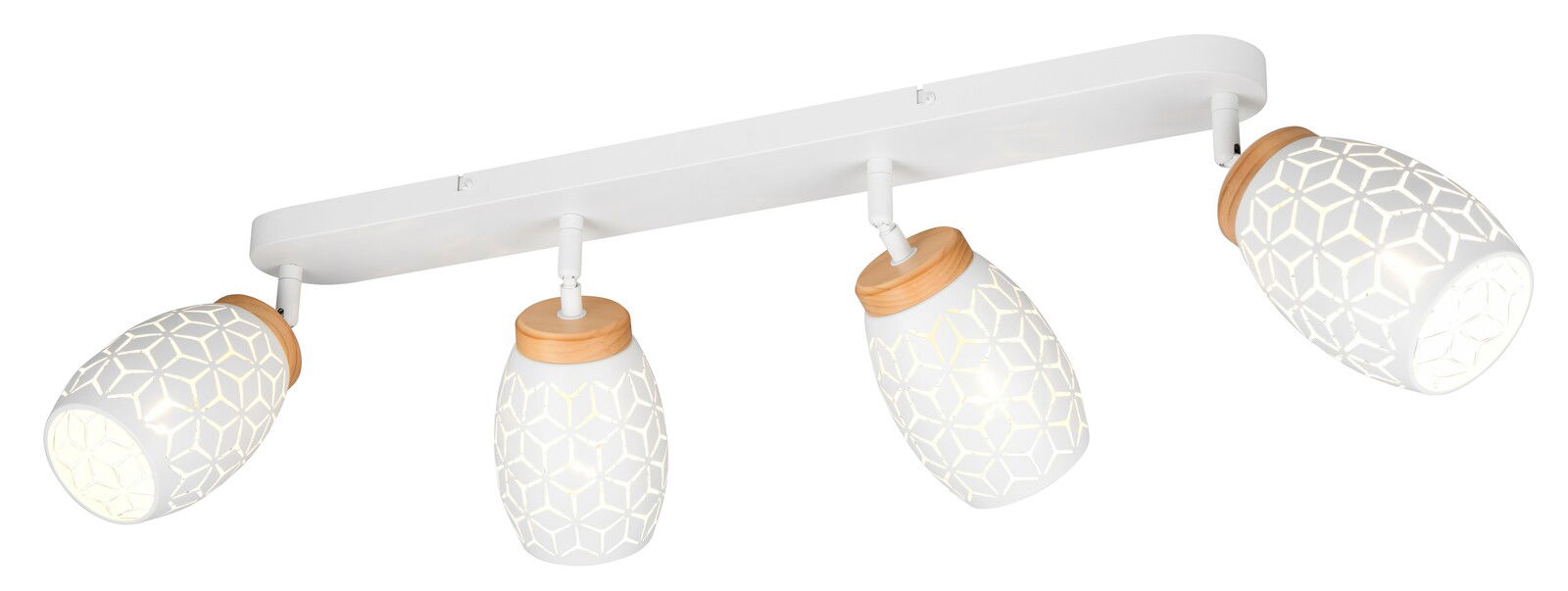 Moderner Deckenstrahler mit vier verstellbaren, weißen Lampenschirmen mit geometrischem Muster und Holzdetails, seitliche Perspektive.
