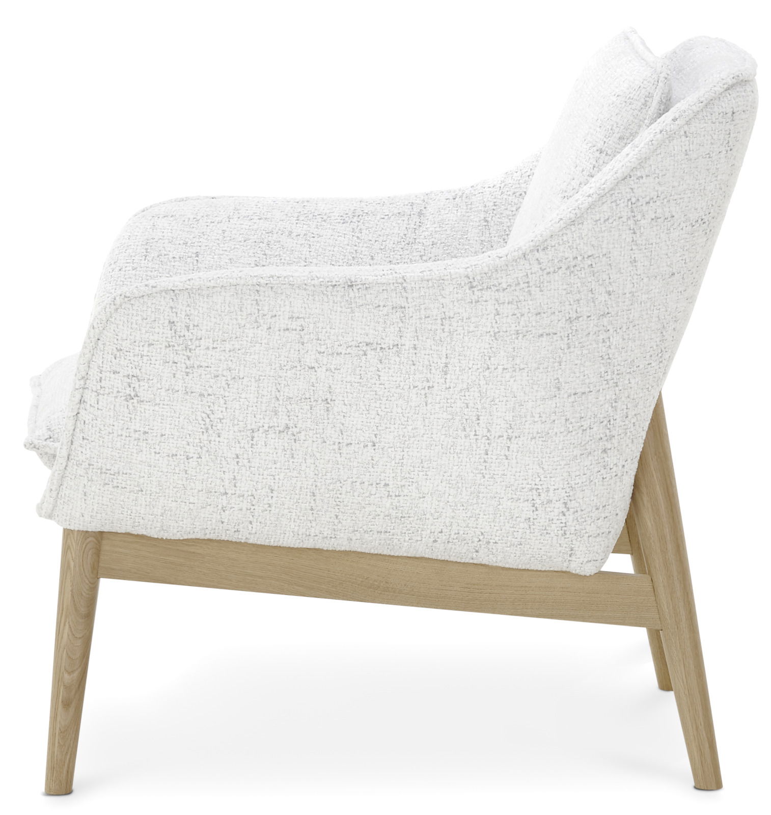 Seitenansicht eines Sessels mit weißem Stoffbezug und Holzgestell