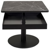 Moderner Couchtisch mit quadratischer, dunkler Marmorplatte und schwarzem, runden Sockel, frontal betrachtet.