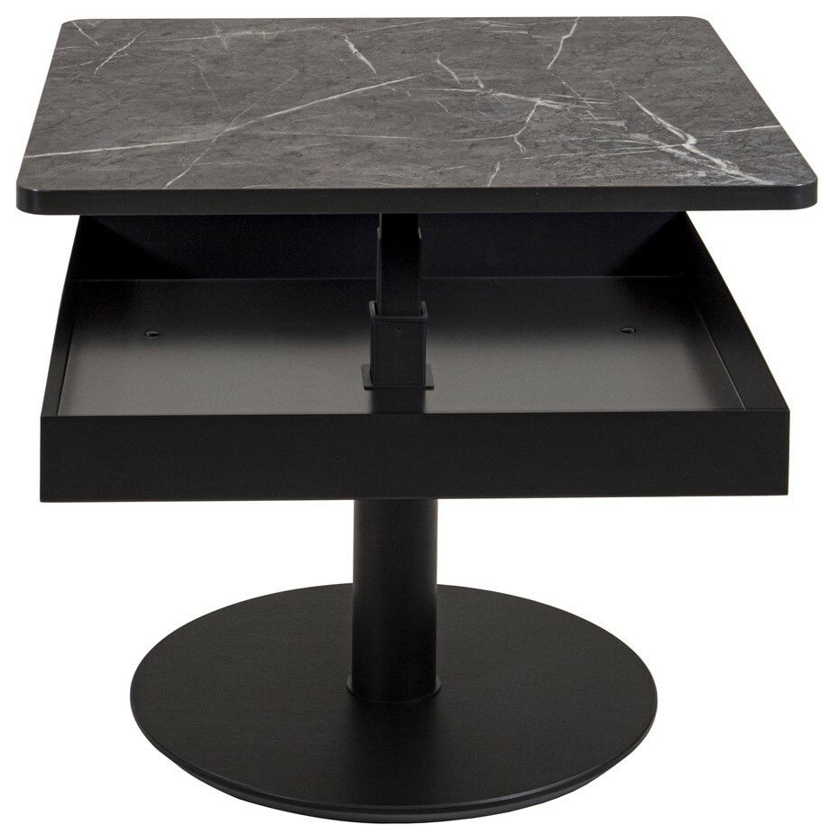 Moderner Couchtisch mit quadratischer, dunkler Marmorplatte und schwarzem, runden Sockel, frontal betrachtet.