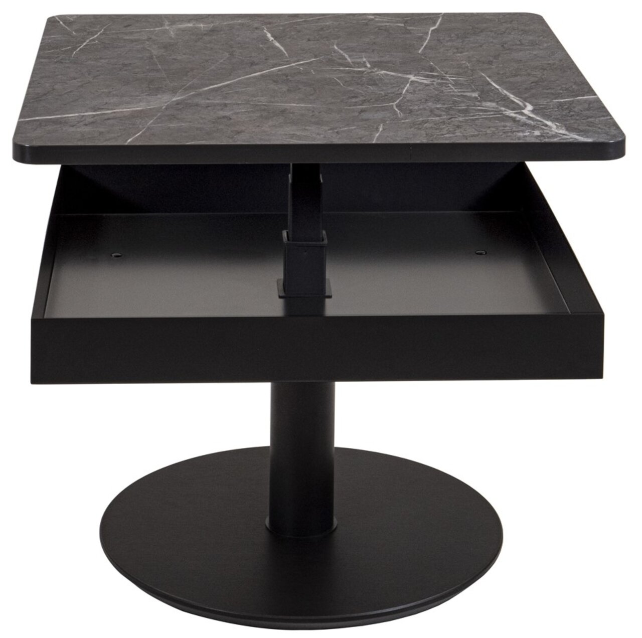 Moderne salontafel met een vierkant, donker marmeren blad en een zwarte, ronde voet, gezien vanaf de voorkant.