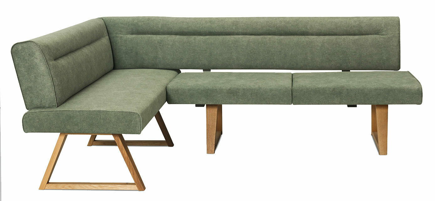 Grüne Eckbank mit Holzbeinen, seitliche Perspektive