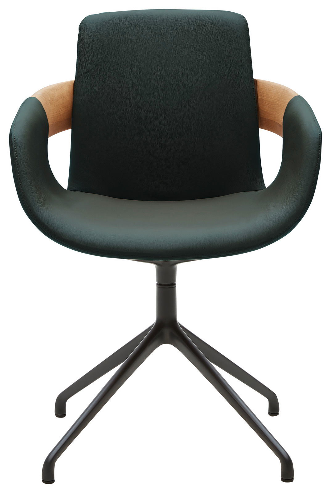 Moderner Sessel mit schwarzem Lederbezug und Holzarmlehnen, Vorderansicht