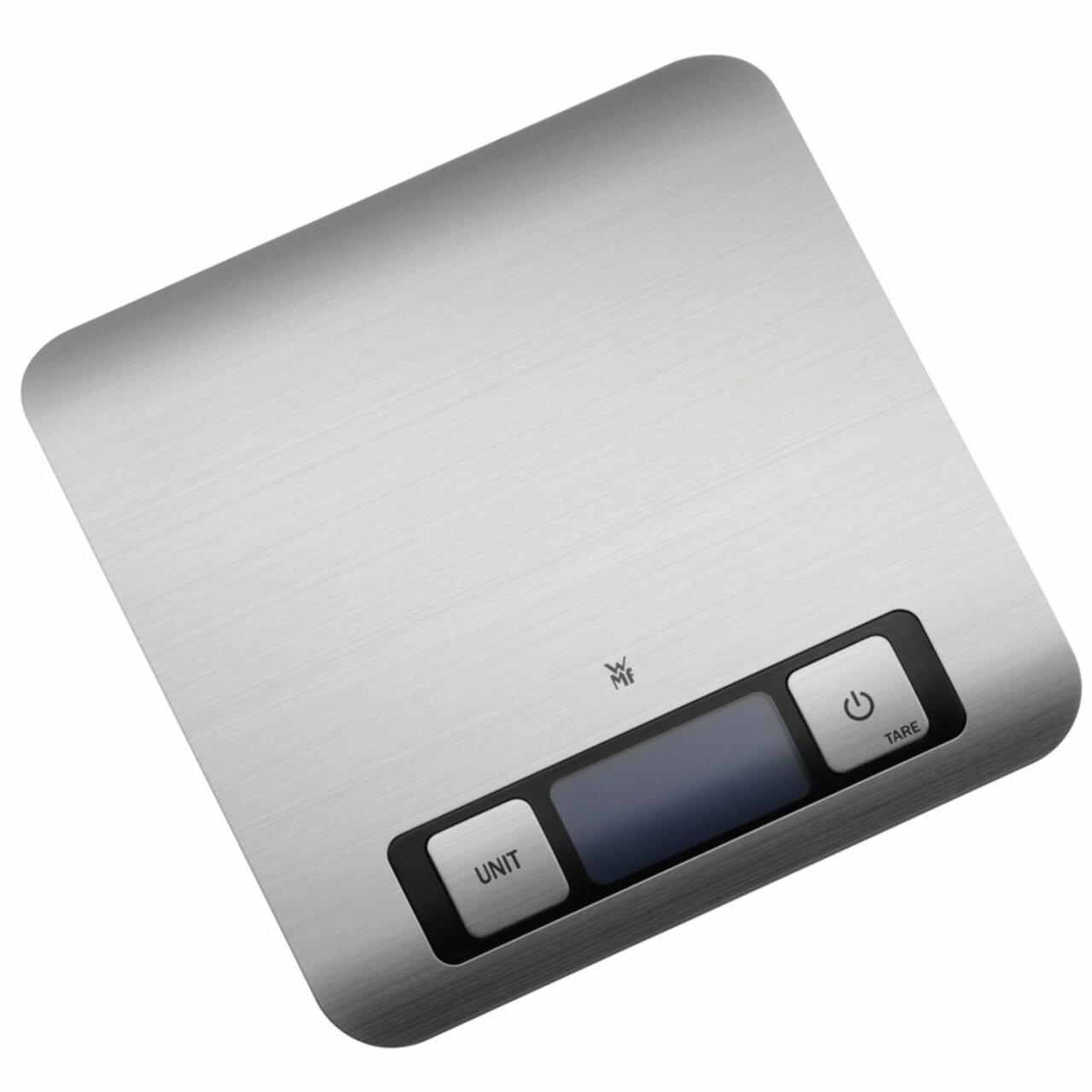 WMF Digitale Küchenwaage 20x20cm Digitale Küchenwaage in Silber aus der Vogelperspektive mit zwei Tasten und einem Display.